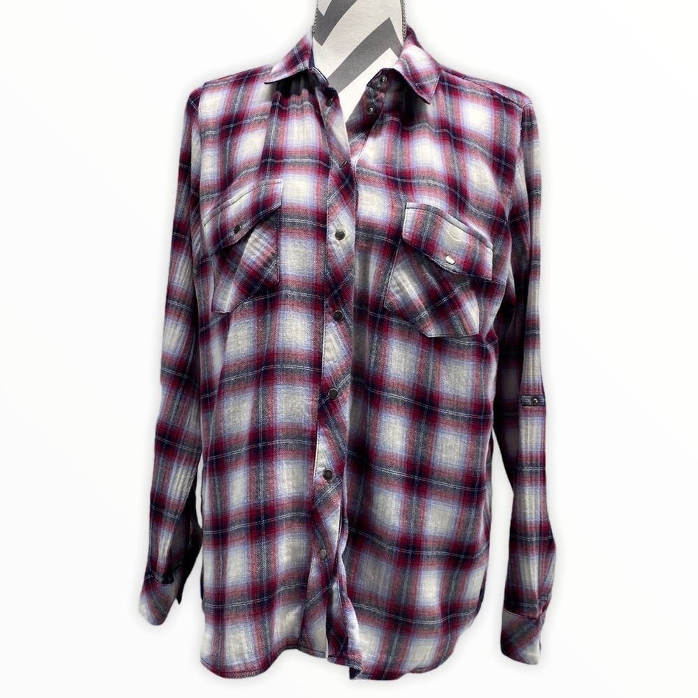 Kut from the Kloth Plaid Flannel Button Front Top size Medium